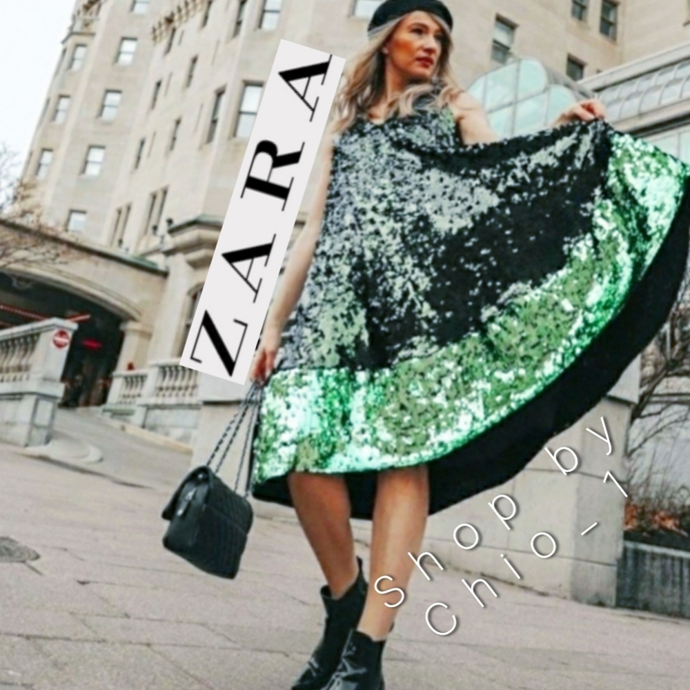 ZARA Green Sequins Midi COLOR BLOCK DRESS bloggers favorite